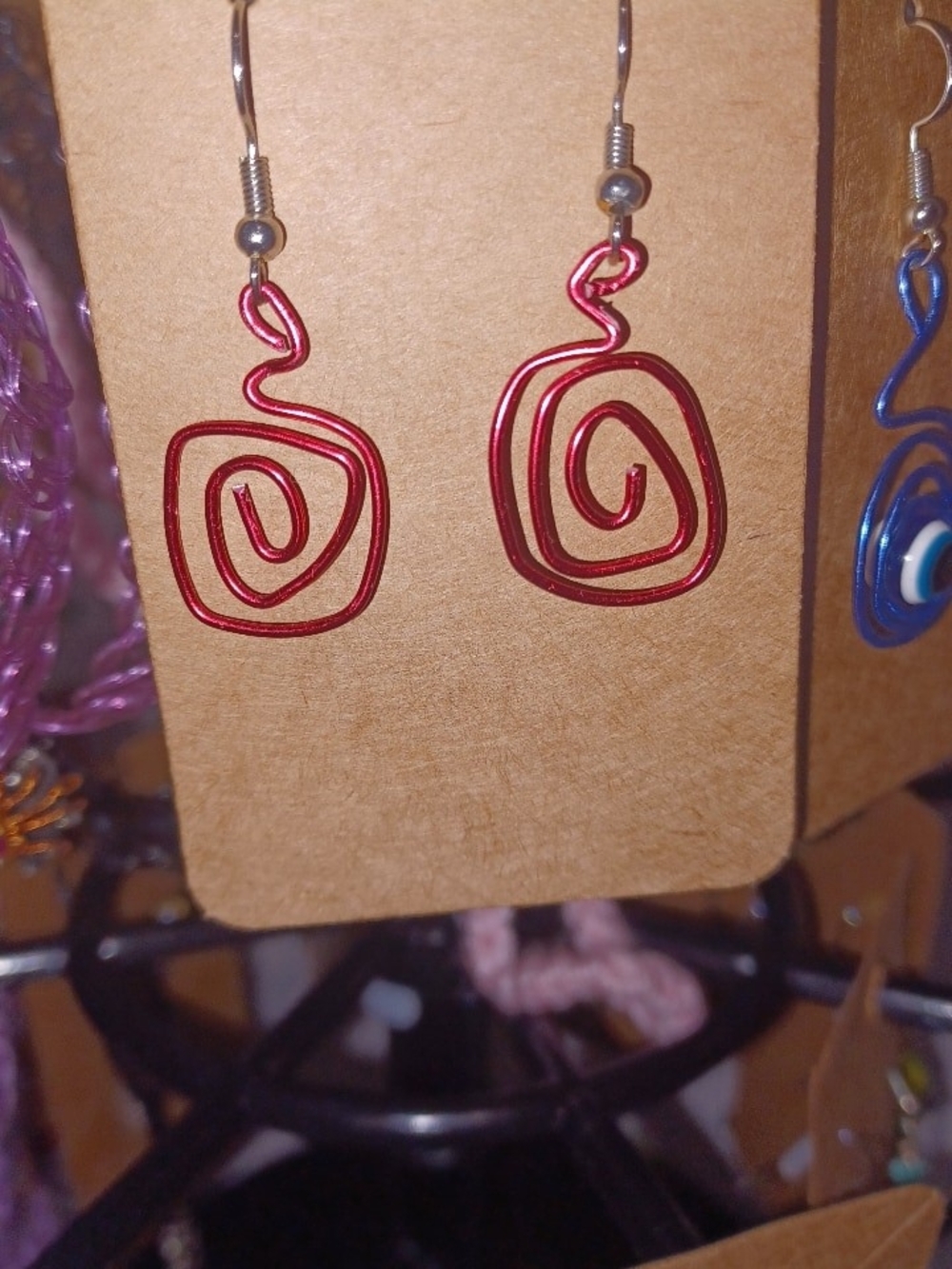 Handcrafted Red Spiral Wire Dangle Earrings
